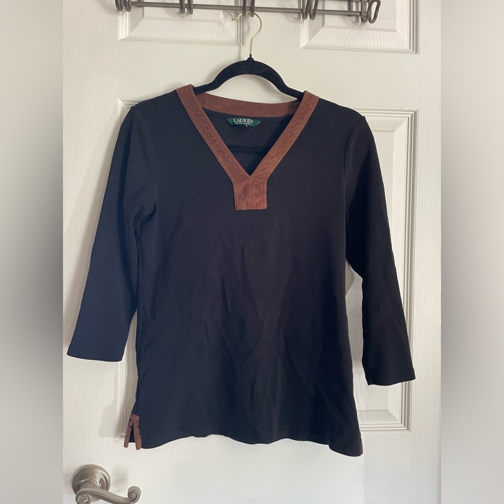 Lauren Ralph Lauren Black Long-Sleeve V-Neck Top with Brown Trim